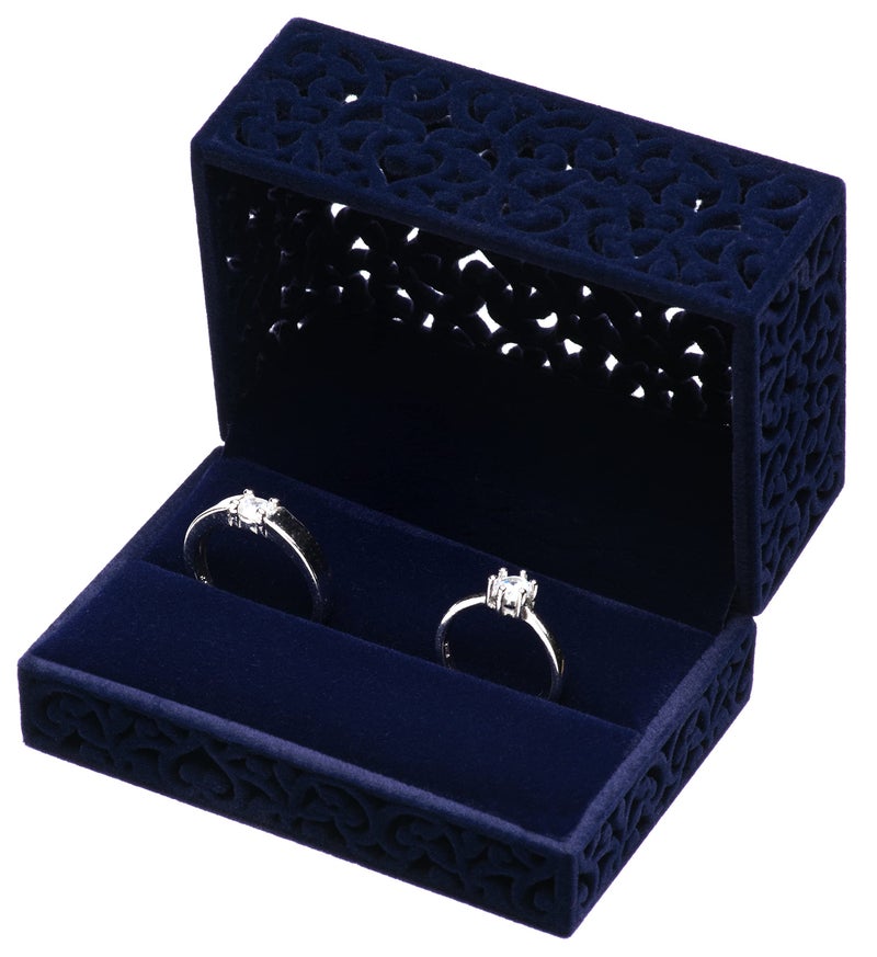 Giftop Hollow Velvet Ring Box Velvet Jewelry Box for Rings Couple Double Ring Bearer Box Engagement Gift (Dark Blue) - Image 1